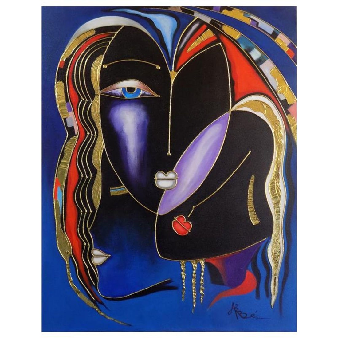 Arbe, "Three Spirits" Hand Signed Original Painting on Canvas with Letter of Authenticity.: Three Spirits is an original acrylic mixed media painting with gold leafing on canvas by Arbe. The piece is hand signed and comes with a letter of authenticity. Measures approximately 30" x 24".