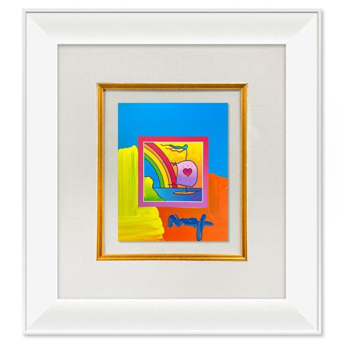 Peter Max, "Sailboat with Heart" Framed One-of-a-Kind Acrylic Mixed Media, Hand Signed with: Sailboat with Heart is a one-of-a-kind acrylic mixed media on paper, hand signed by Peter Max. The piece comes custom framed with a backside cutout to display Peter Max Studio registration number 3288