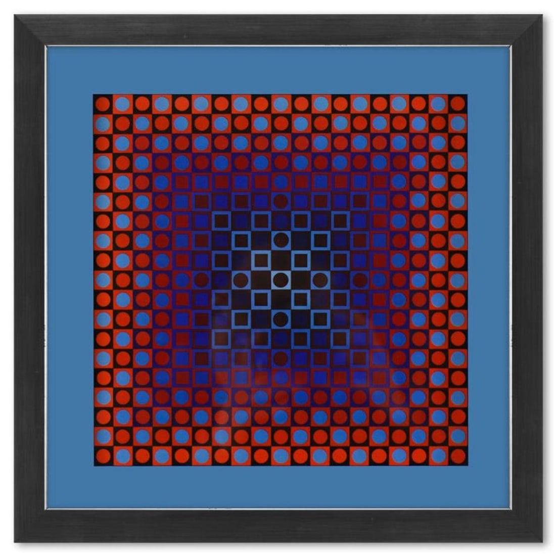 Victor Vasarely (1908-1997), "Alom (Blue/Red) de la serie Folklore Planetaire" Framed 1971: Alom (Blue/Red) de la serie Folklore Planetaire is a heliogravure print on paper, published in 1971, by Victor Vasarely (1908-1997). This piece comes custom framed, with a letter of authenticity and w
