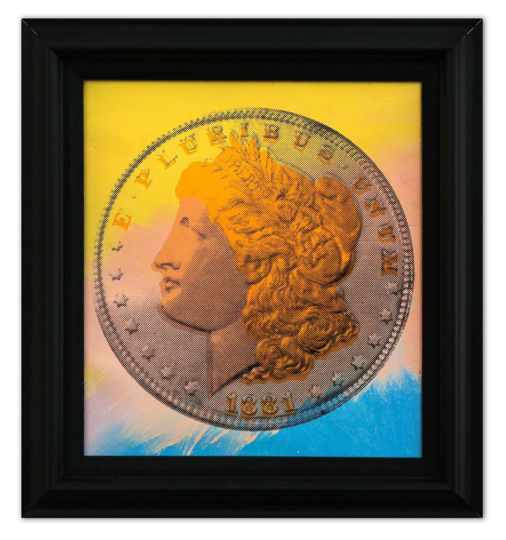 Steve Kaufman (1960-2010)- Hand Pulled silkscreen mixed media on Canvas "1881 Coin": Artist: Steve Kaufman (1960-2010). Medium: Hand Pulled silkscreen mixed media on Canvas. Title: 1881 Coin. Size: 12" x 11". Measures approx. 17" x 16" (framed). Signature: Hand Signed and numbered by