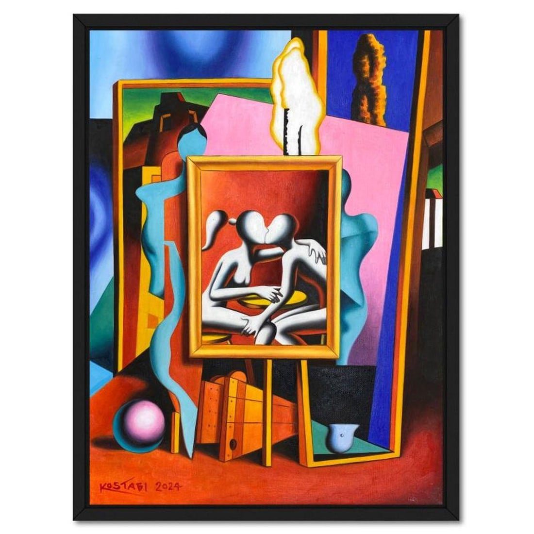 Mark Kostabi, "Our Eternal Secret" Framed Original Oil Painting on Canvas, Hand Signed with a: Our Eternal Secretis an original oil painting on canvas by Mark Kostabi, hand signed by the artist. This piece comes custom framed. Includes Certificate of Authenticity. Measures approx. 27" x 21" (fr