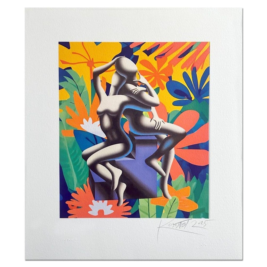 Mark Kostabi, "Passione in Fiore" Hand Signed Limited Edition Serigraph with Certificate of: Passione in Fiore, is a limited edition serigraph on paper by Mark Kostabi. The piece is hand signed and numbered and comes with a certificate of authenticity. Measures approximately 25.5" x 22" (with