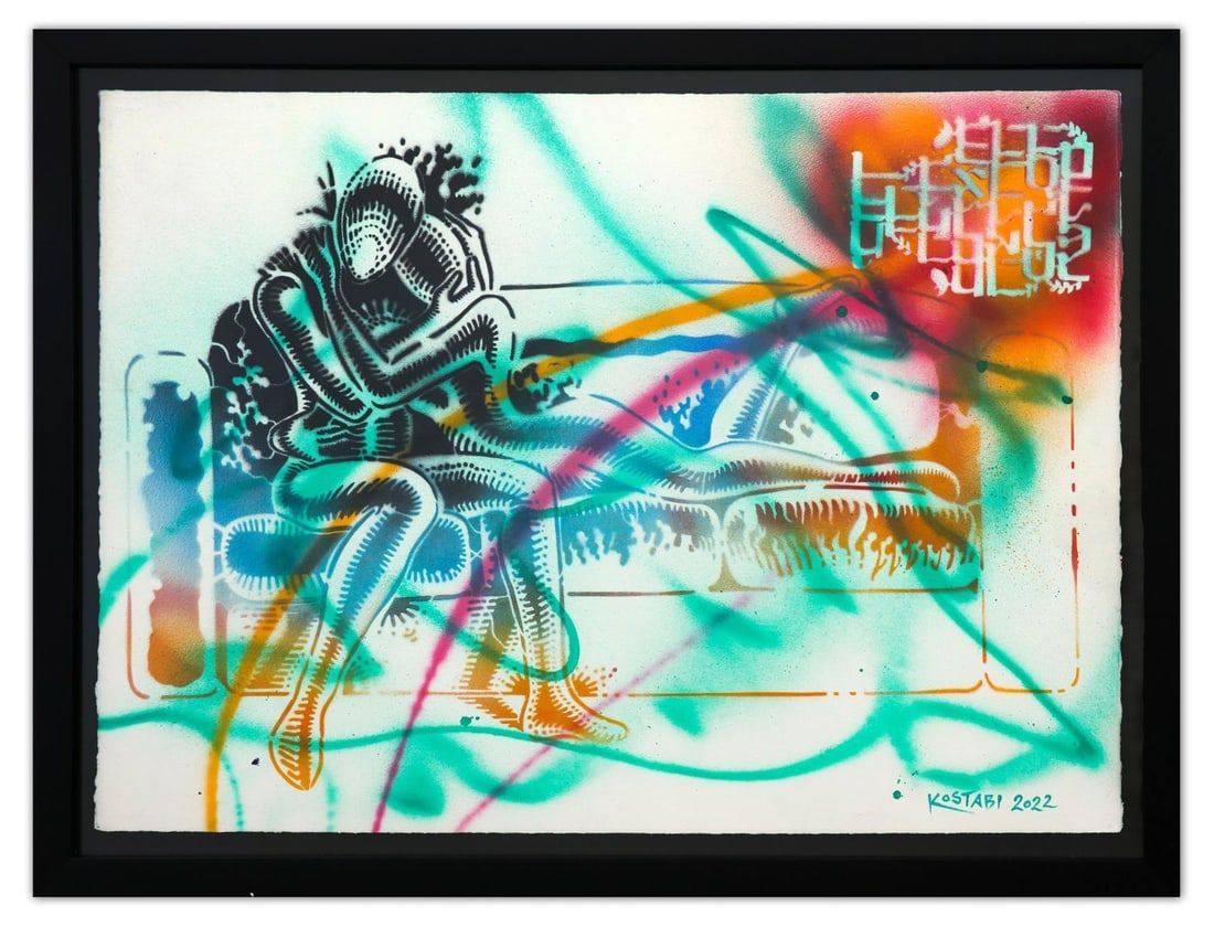 Mark Kostabi- Original Mixed Media on Paper "Positive Energy": Artist: Mark Kostabi. Medium: Original Mixed Media on Paper. Title: Positive Energy. Size: 30" x 42". Measures approx. 35" x 47" (framed). Signature: Hand Signed by the artist. Certificate of Authenti