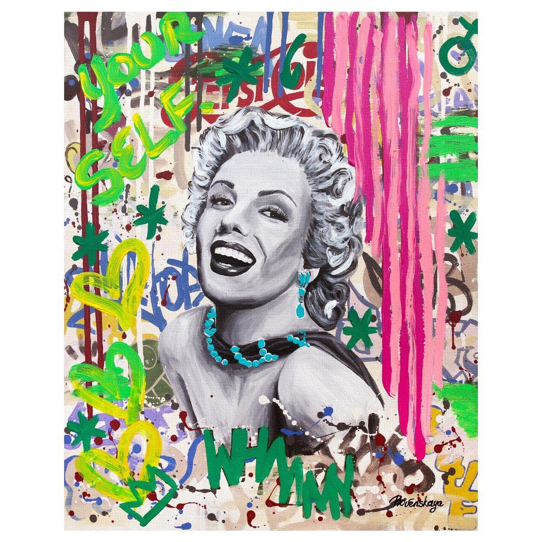 Nastya Rovenskaya- Mixed Media on Canvas "Neon Marilyn": Artist: Nastya Rovenskaya. Medium: Mixed Media on Canvas. Title: Neon Marilyn. Size: 30" x 24". Signature: Hand Signed. Certificate of Authenticity: Is included. Reference#: 30214.