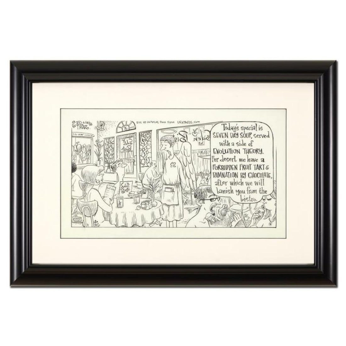 Bizarro, "Eden's Bistro" is a Framed Original Pen & Ink Drawing by Dan Piraro, Hand Signed with: Enter a surreal and satirical world of twisted imagination and award winning creativity. "Eden's Bistro" is an original pen & ink drawing on paper by Dan Piraro, creator of the critically acclaimed an