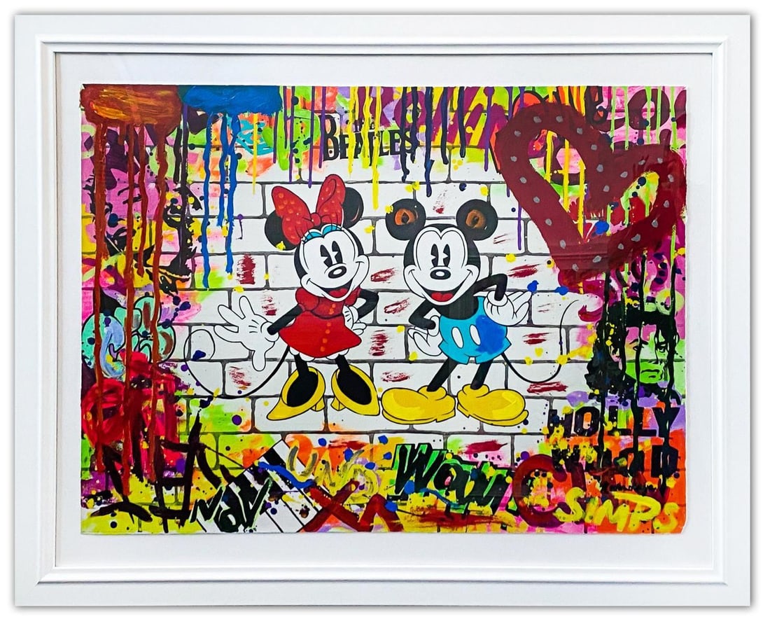 Nastya Rovenskaya- Original Mixed Media on Paper "Mickey & Minnie": Artist: Nastya Rovenskaya. Medium: Original Mixed Media on Paper. Title: Mickey & Minnie. Size: 30" x 40". Measures approx. 39" x 49" (framed). Signature: Hand Signed by the artist. Certificate of Aut