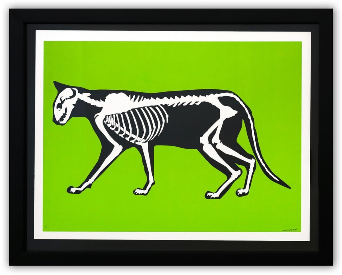 Hijack- Silkscreen "Skeleton Cat": Artist: Hijack. Medium: Silkscreen. Title: Skeleton Cat. Size: 22" x 29". Measures approx. 28" x 35" (framed). Signature: Hand Signed and numbered by the artist. Certificate of Authenticity: Is includ
