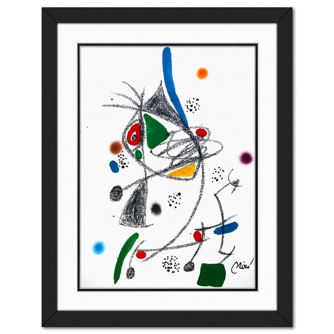 After Joan Miro- Lithograph on light wove paper "Maravillas con variaciones acrosticas 04": Artist: After Joan Miro. Medium: Lithograph on light wove paper. Title: Maravillas con variaciones acrosticas 04. Size: 19" x 14". Measures approx. 25" x 20" (framed). Signature: Signed in the plate.