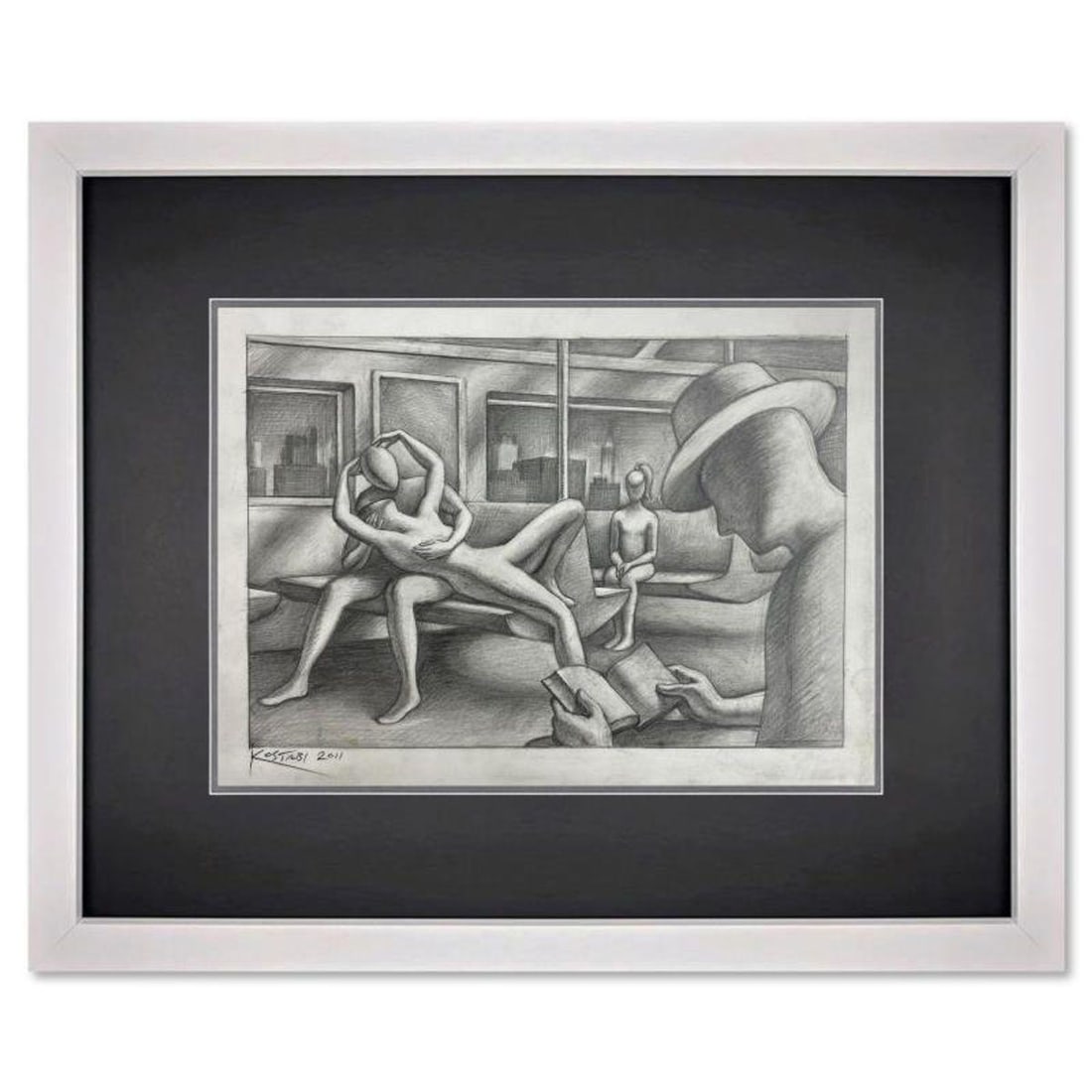 Mark Kostabi, "The Commute" Framed Original Drawing on Paper, Hand Signed with Certificate of: The Commute is an original drawing on paper by Mark Kostabi, hand signed by the artist. This piece comes custom framed. Includes Certificate of Authenticity. Measures approx. 18" x 15" (frame), 9" x 1