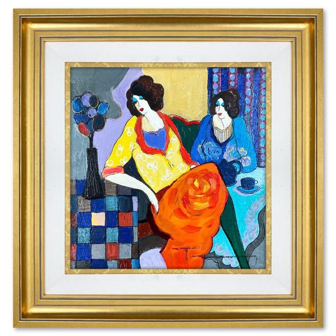 Itzchak Tarkay (1935-2012), "Sisters" Framed One-of-a-Kind Mixed Media Over Paint on Wood, Hand: Sisters is a one-of-a-kind mixed media over paint on wood by Itzchak Tarkay (1935-2012), hand signed by the artist. This piece comes custom framed. Includes Letter of Authenticity. Measures approx. 17