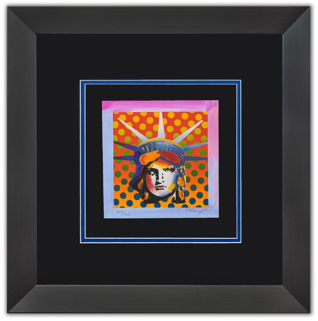 Peter Max- Original Lithograph "IBERTY HEAD XI": Artist: Peter Max. Medium: Original Lithograph. Title: IBERTY HEAD XI. Size: 7" x 7". Measures approx. 16" x 16" (framed). Signature: Hand Signed and Numbered by the artist. Certificate of Authenticit