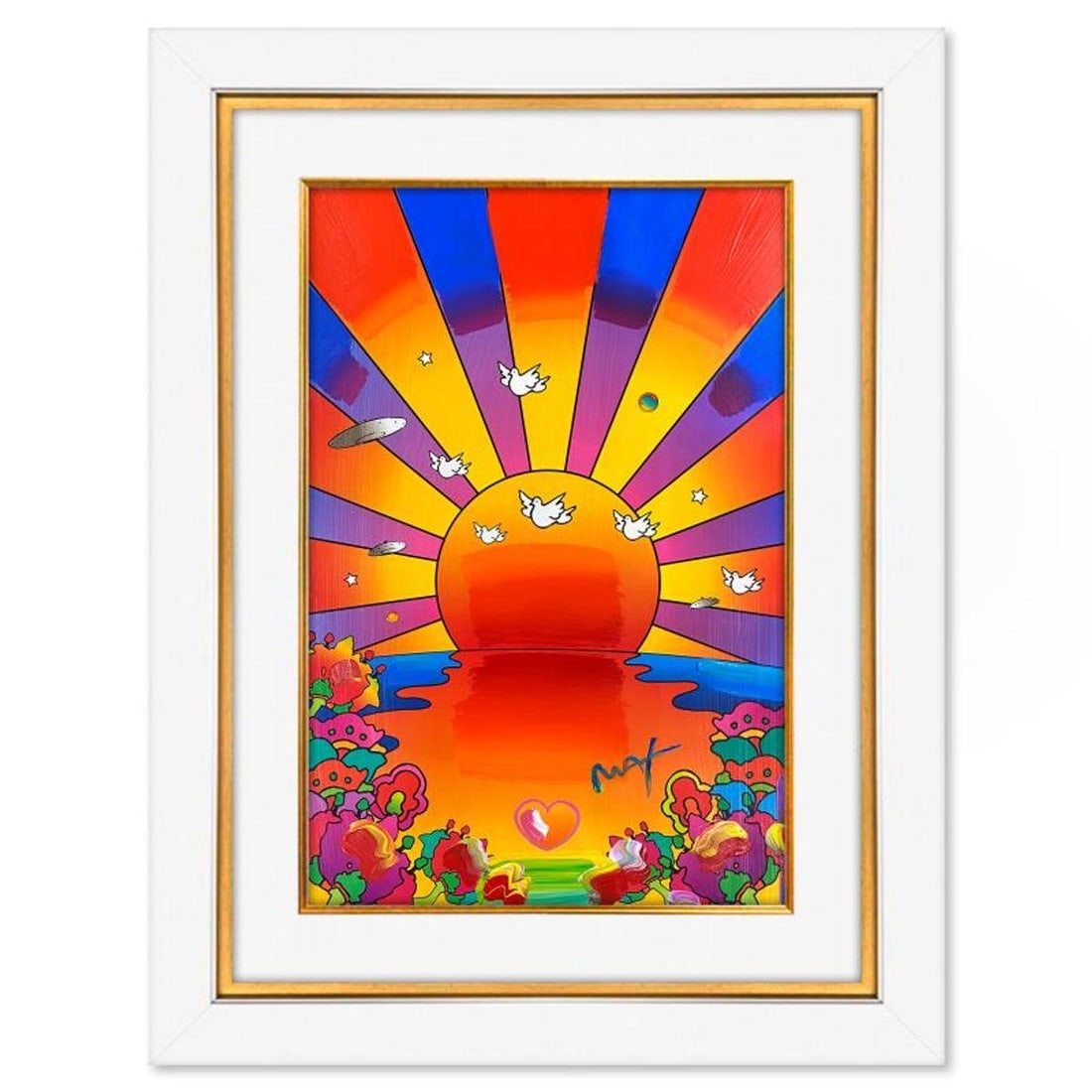 Peter Max, "Sunrise 2000" Framed One-of-a-Kind Mixed Media, Hand Signed with Registration Number: Sunrise 2000 is a one-of-a-kind mixed media on paper, hand signed by Peter Max. The piece comes custom framed with a backside cutout to display Peter Max Studio registration number 231165 certifying a