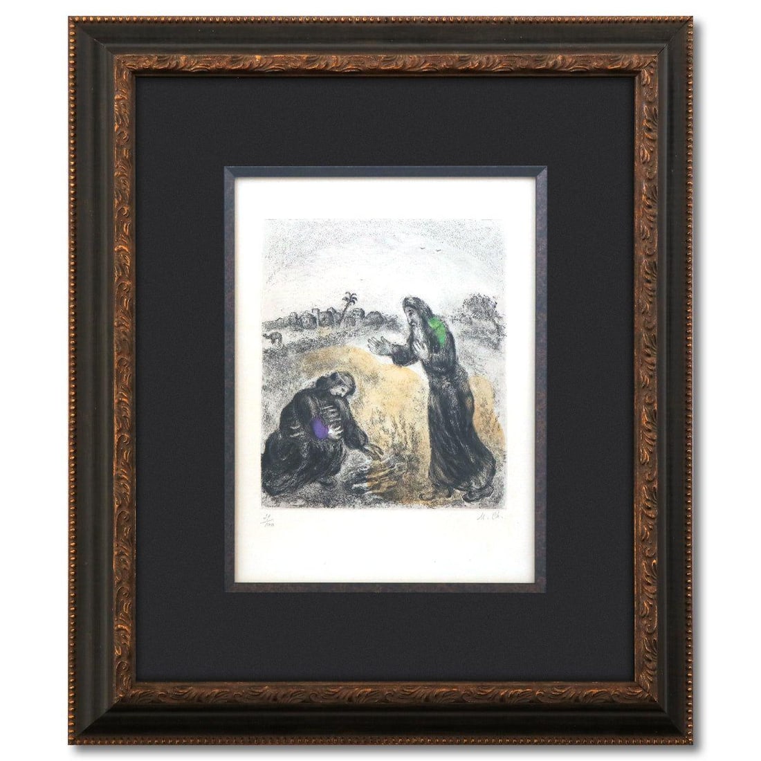 Marc Chagall- Etching with hand colouring on wove Paper "Elijah and the Widow of Sarepta, from La: Artist: Marc Chagall. Medium: Etching with hand colouring on wove Paper. Title: Elijah and the Widow of Sarepta, from La Bible [Cramer Book 30], 1931-39. Size: 15" x 12". Measures approx. 29" x 25" (f