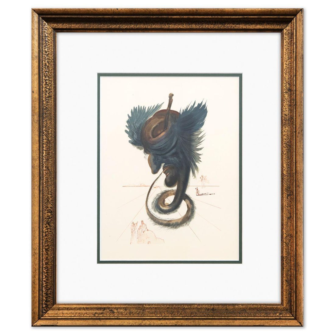 Salvador Dali- Original Color Woodcut on B.F.K. Rives Paper "Inferno 20": Artist: Salvador Dali. Medium: Original Color Woodcut on B.F.K. Rives Paper. Title: Inferno 20. Size: 13" x 10". Measures approx. 21" x 18" (framed). Certificate of Authenticity: Is included. Addition