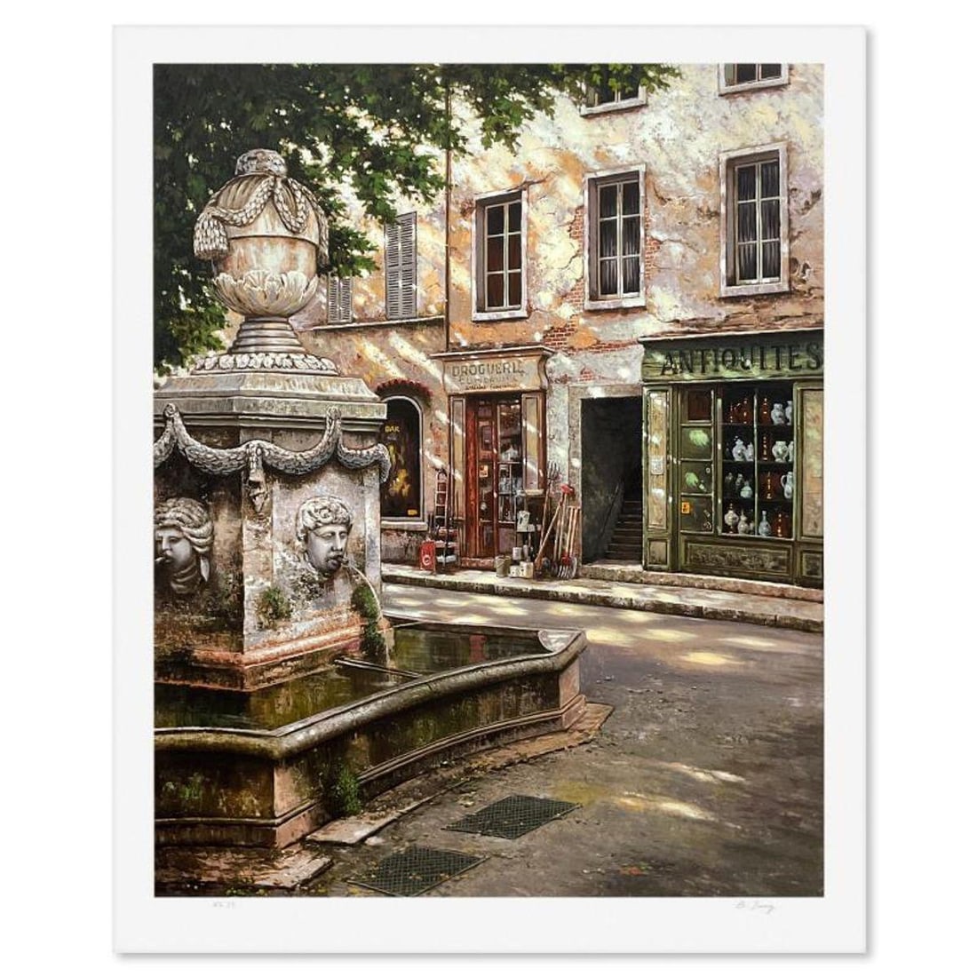 B. Jung, "Le Souvenirs de la Fountaine" Limited Edition Serigraph, HC Numbered 4/7 and Hand Signed: Le Souvenirs de la Fountaine is a limited edition serigraph on paper by B. Jung, HC numbered 4/7 and hand signed by the artist. Includes Letter of Authenticity. Measures approx. 45.5" x 37" (border),
