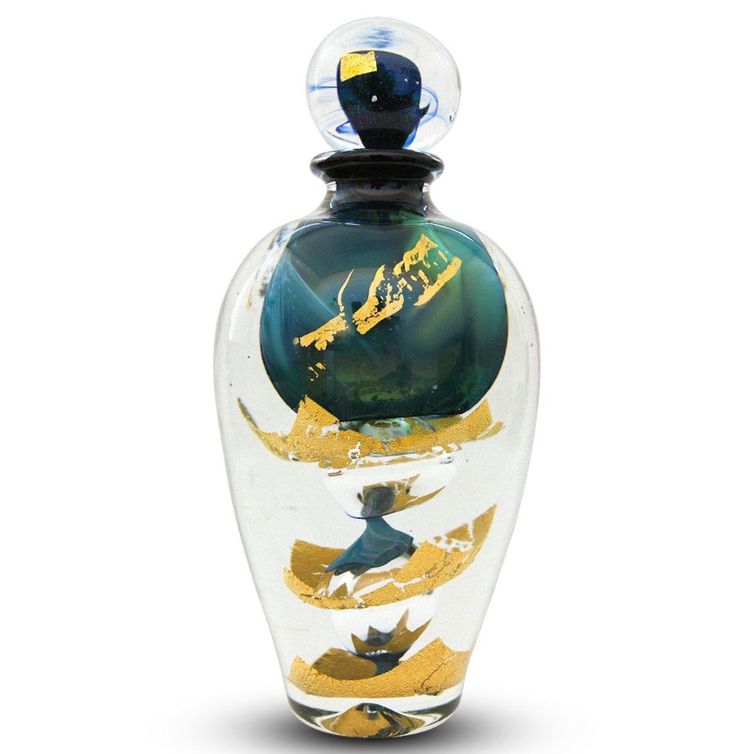 Jean-Claude Novaro- Handmade Glass "3 Layer Vase Blue & Gold": Artist: Jean-Claude Novaro. Medium: Handmade Glass. Title: 3 Layer Vase Blue & Gold. Size: 13" x 5". Signature: Signed and Dated. Reference#: 74444.