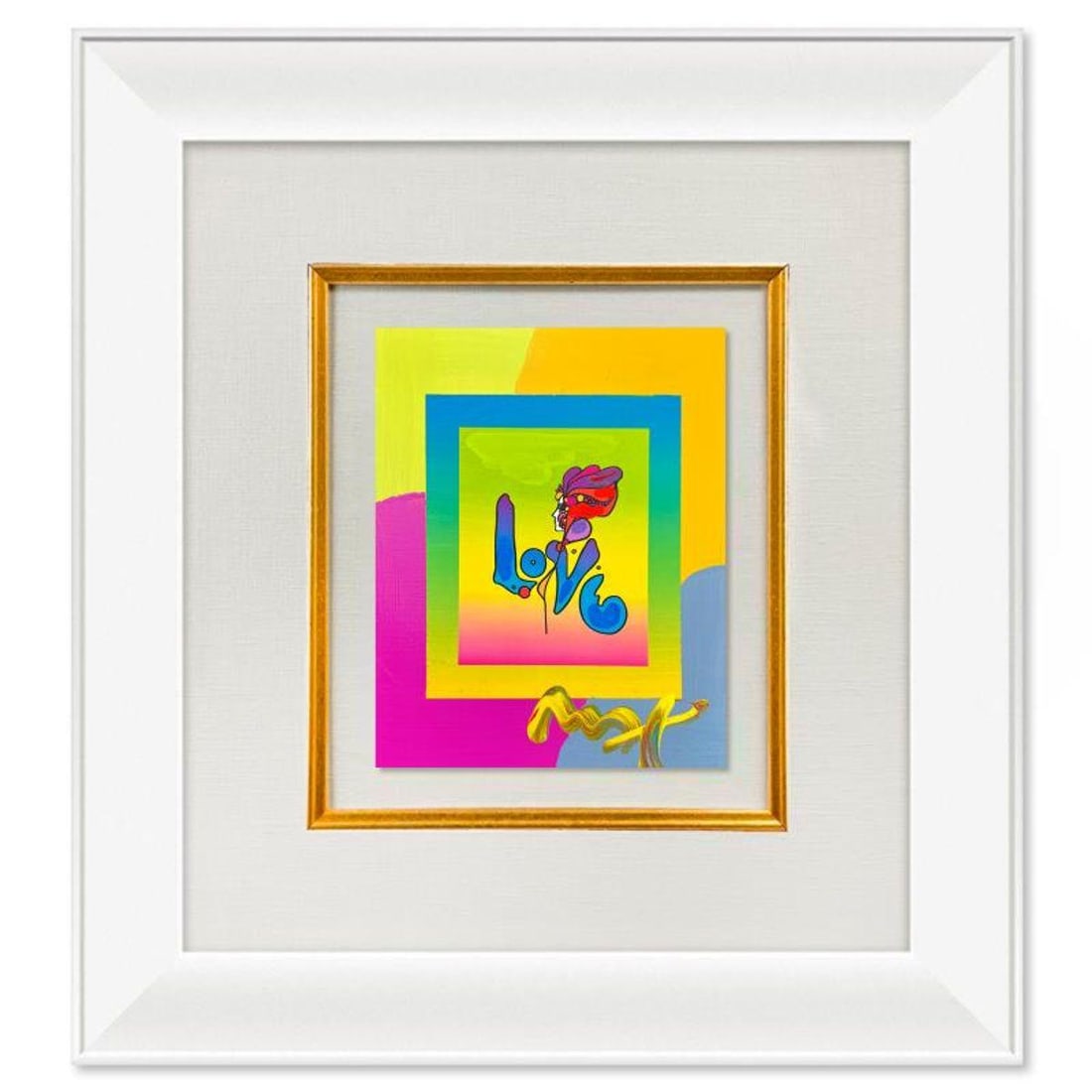 Peter Max, "Love" Framed One-of-a-Kind Acrylic Mixed Media, Hand Signed with Registration Number: Love is a one-of-a-kind acrylic mixed media on paper, hand signed by Peter Max. The piece comes custom framed with a backside cutout to display Peter Max Studio registration number 230804 certifying a
