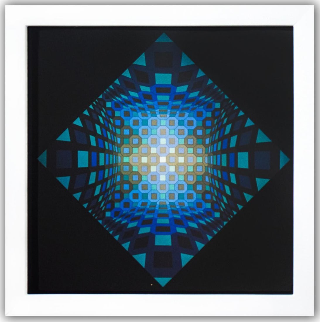Victor Vasarely- Heliogravure Print "Okta - Stri": Artist: Victor Vasarely. Medium: Heliogravure Print. Title: Okta - Stri. Size: 10" x 10". Measures approx. 12" x 12" (framed). Additional: Custom Framed , 1975. Reference#: 21362.