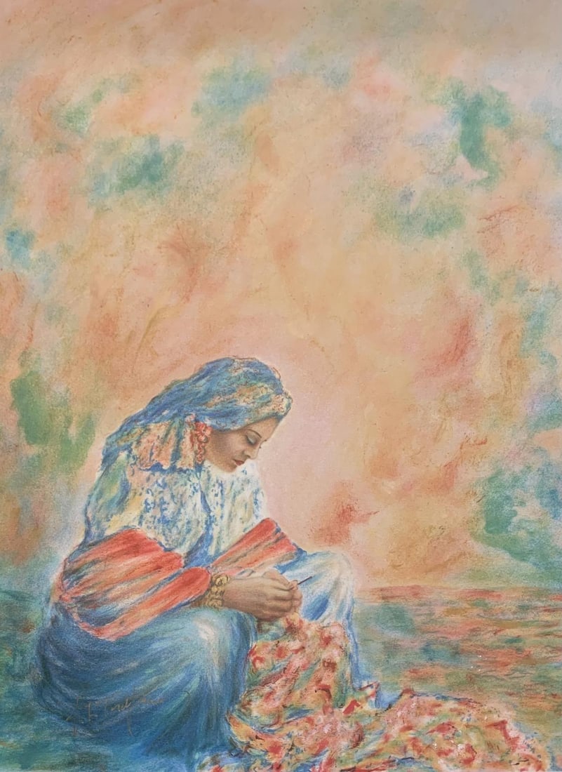Itzhak Tordjman- Pastel paint over lithograph on paper "From the Woman of Valor series": Artist: Itzhak Tordjman. Medium: Pastel paint over lithograph on paper. Title: From the Woman of Valor series. Size: 18" x 14". Signature: Hand signed. Reference#: 24973.