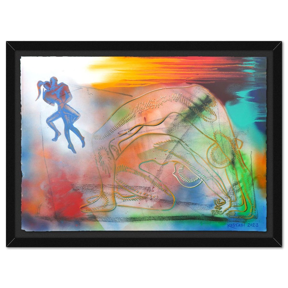 Mark Kostabi- Original Mixed Media on Paper "The Dance Of Tranquility": Artist: Mark Kostabi. Medium: Original Mixed Media on Paper. Title: The Dance Of Tranquility. Size: 29" x 42". Measures approx. 35" x 47" (framed). Signature: Hand signed. Certificate of Authenticity: