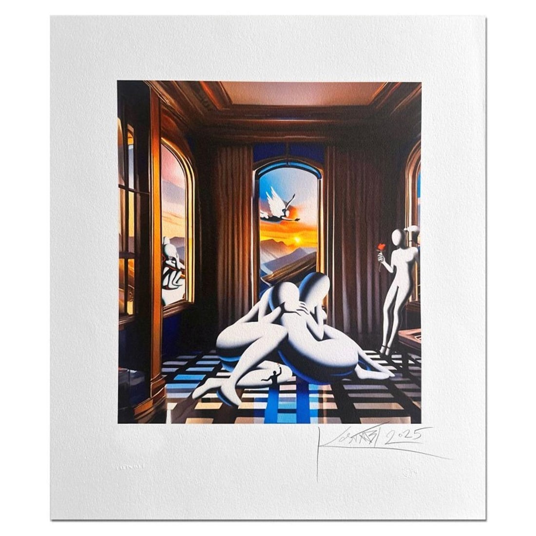 Mark Kostabi, "Moments of Love" Hand Signed Limited Edition Serigraph with Certificate of: Moments of Love, is a limited edition serigraph on paper by Mark Kostabi. The piece is hand signed and numbered and comes with a certificate of authenticity. Measures approximately 25.5" x 22" (with b