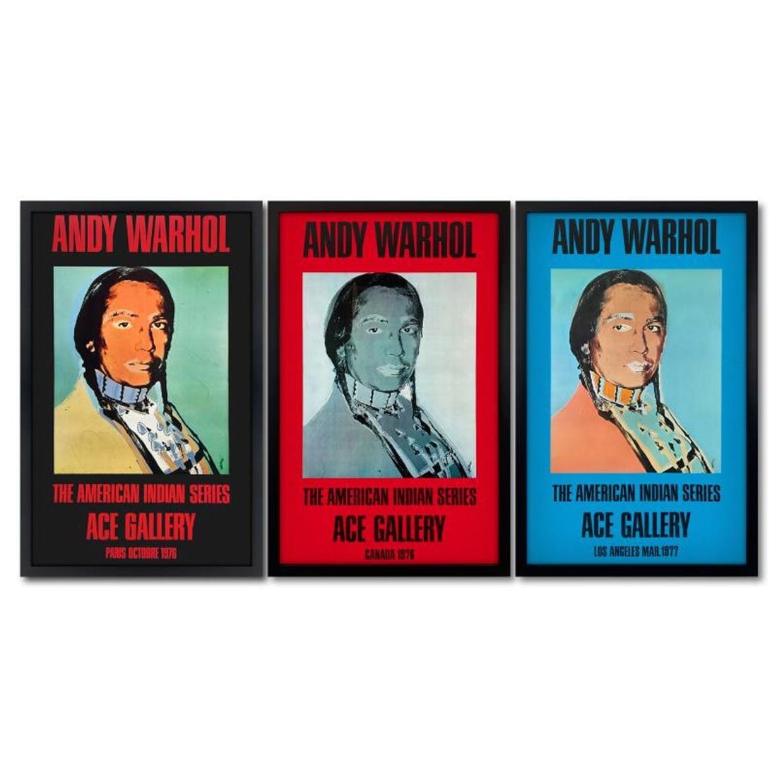 Andy Warhol (1928-1987), "The American Indian Series 3 Piece Set (Black, Red & Blue)" Framed Vintage: The American Indian Series (Black, Red & Blue) is a 3 piece set of vintage posters by Andy Warhol (1928-1987) from the Ace Gallery, Los Angeles, CA. This set comes custom framed. Includes Letter of Au