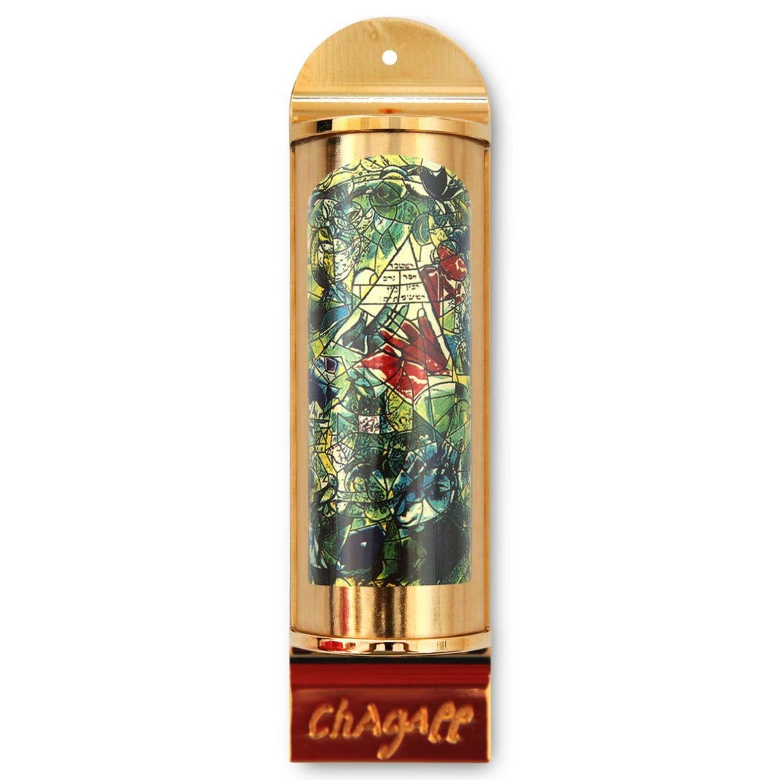Marc Chagall- Mezuzah/ Silkscreen on 24K gold plated bronze "Issachar": Artist: Marc Chagall. Medium: Mezuzah/ Silkscreen on 24K gold plated bronze. Title: Issachar. Size: 5.1" x 1.4". Certificate of Authenticity: Is included. Additional: Limited edition of 1800. Full col