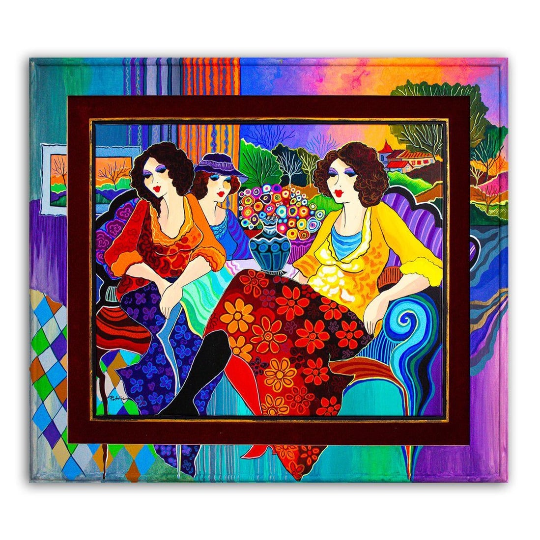 Patricia Govezensky- Original Acrylic with Hand Painted Frame "Table for Three": Artist: Patricia Govezensky. Medium: Original Acrylic with Hand Painted Frame. Title: Table for Three. Size: 20" x 24". Measures approx. 29" x 33" (framed). Signature: Hand Signed by the artist. Certi