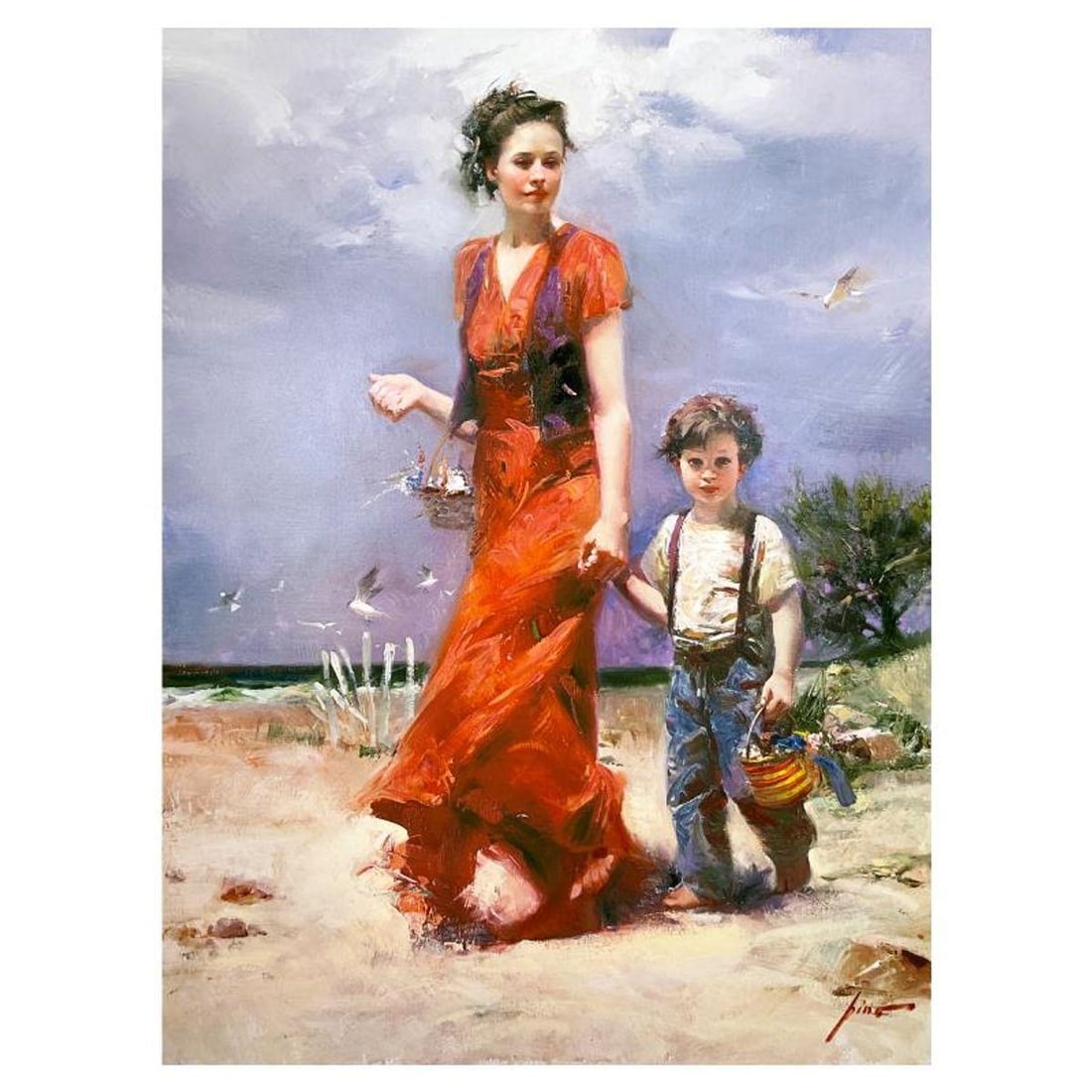 Pino (1939-2010) "At the Beach" Hand Embellished Limited Edition on Canvas, Numbered and Hand Signed: At the Beach is an hand embellished limited edition giclee on canvas by Pino (1939-2010), numbered and hand signed by the artist. Includes Certificate of Authenticity. Measures approx. 40" x 30" (imag