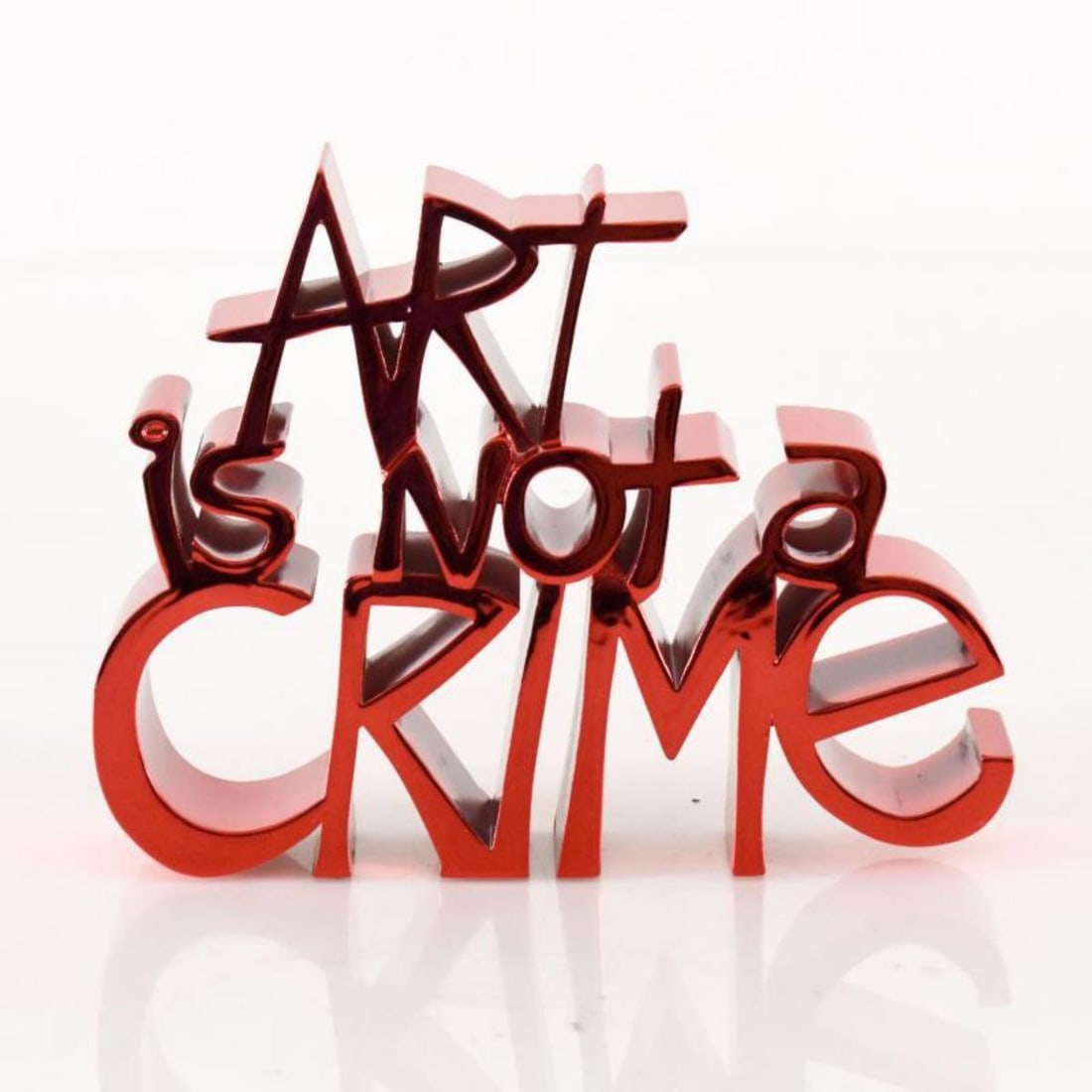 Mr. Brainwash- Resin Sculpture "Art Is Not a Crime (Chrome Red)": Artist: Mr. Brainwash. Medium: Resin Sculpture. Title: Art Is Not a Crime (Chrome Red). Size: 8" x 6.5". Signature: Hand Signed and Numbered by the artist. Certificate of Authenticity: Is included. Ad