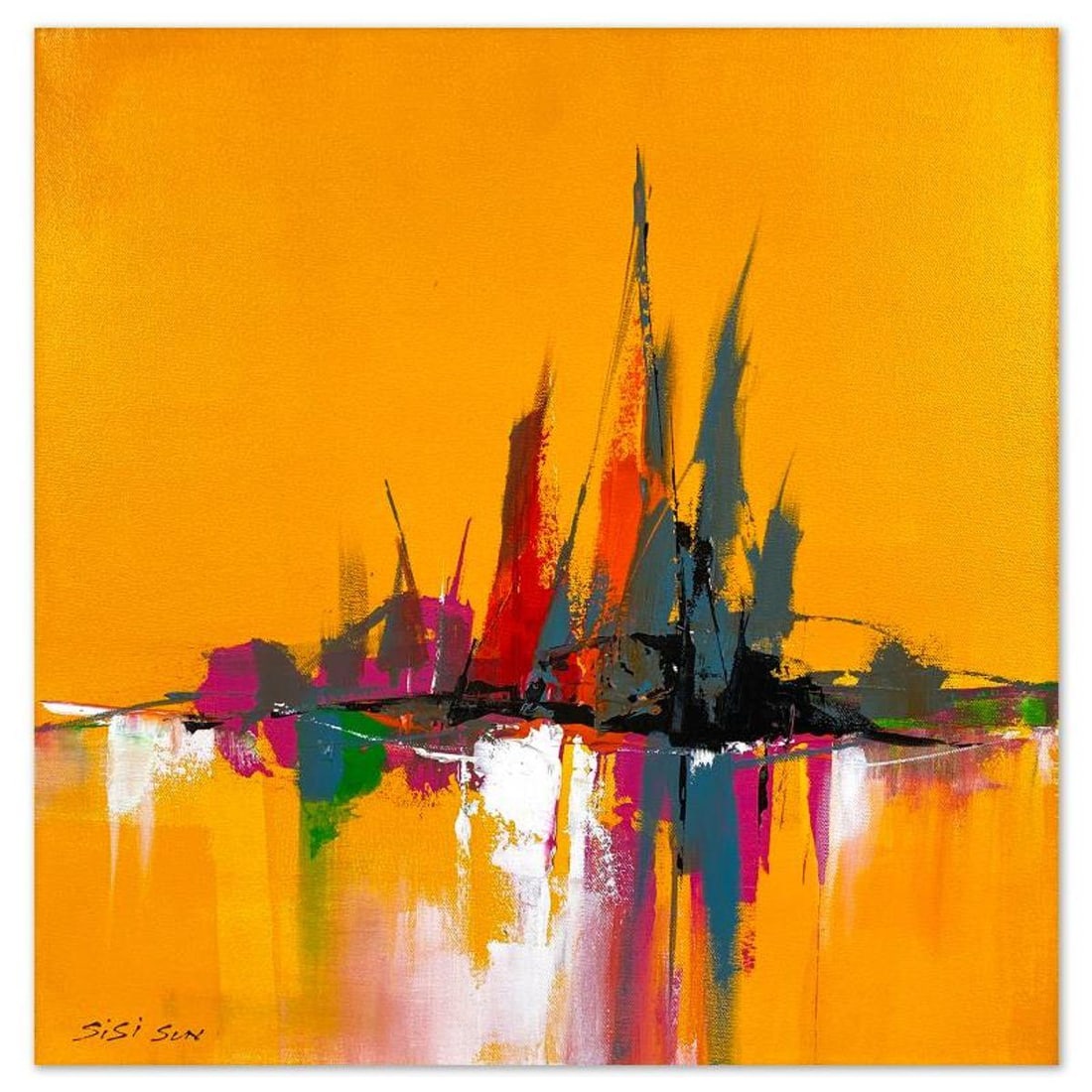 Sisi Sun, "Harbor 2" Original Acrylic Painting on Gallery Wrapped Canvas, Hand Signed with Letter of: Harbor 2 is an original acrylic painting on canvas by Sisi Sun, hand signed by the artist. This piece comes gallery wrapped. Includes Letter of Authenticity. Measures approx. 20" x 20" (image).