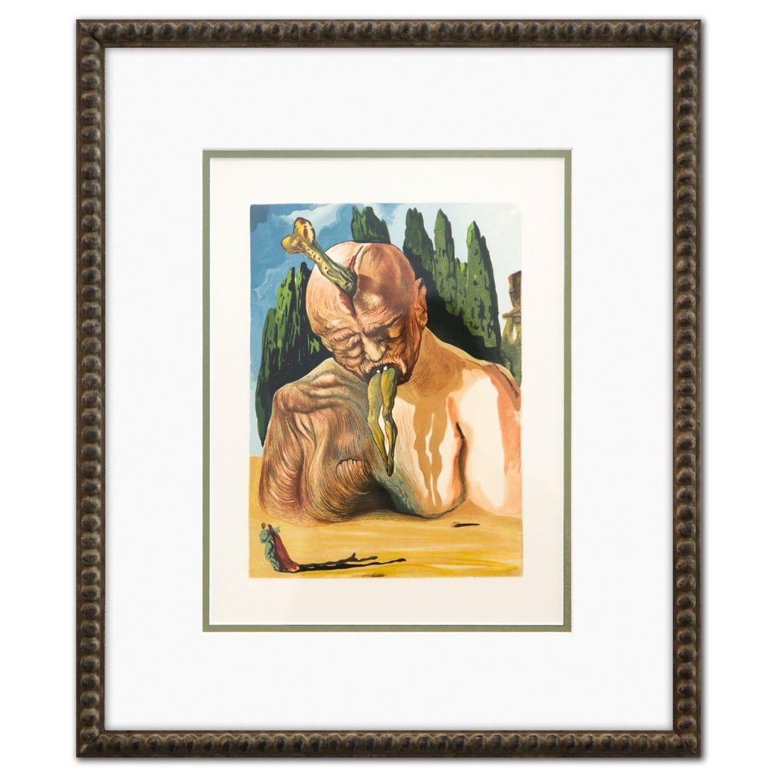 Salvador Dali- Original Color Woodcut on B.F.K. Rives Paper "Inferno 32": Artist: Salvador Dali. Medium: Original Color Woodcut on B.F.K. Rives Paper. Title: Inferno 32. Size: 13" x 10". Measures approx. 19" x 16" (framed). Certificate of Authenticity: Is included. Addition