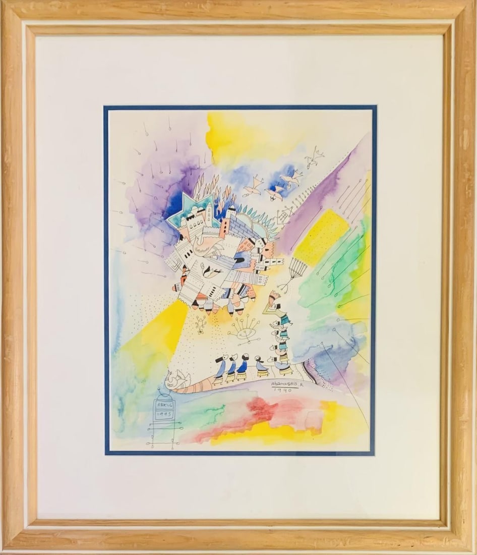 Raphael Abecassis- Gaouche on paper "Jerusalem": Artist: Raphael Abecassis. Medium: Gaouche on paper. Title: Jerusalem. Size: 13" x 10". Measures approx. 23" x 18" (framed). Signature: Hand Signed. Reference#: 24977.