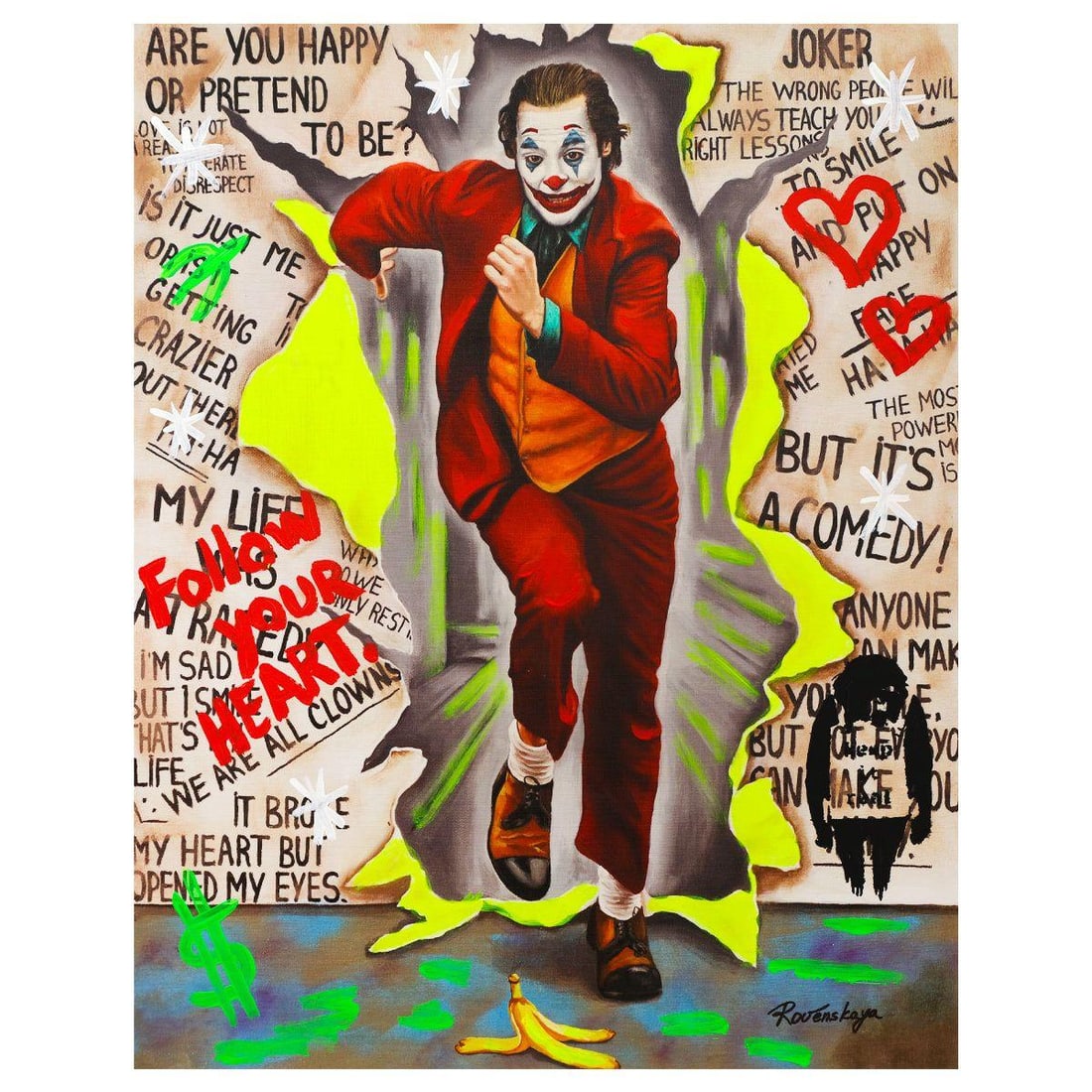 Nastya Rovenskaya- Mixed Media "Joker": Artist: Nastya Rovenskaya. Medium: Mixed Media. Title: Joker. Size: 30" x 24". Signature: Hand signed. Certificate of Authenticity: Is included. Reference#: 58249.