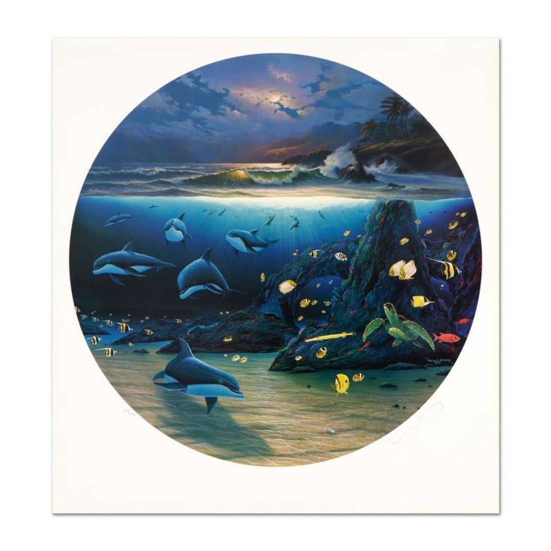Wyland, "Moonlit Waters" Limited Edition Lithograph, Numbered and Hand Signed with Certificate of: Moonlit Waters is a limited edition lithograph on paper by Wyland, numbered and hand signed by the artist. Includes Certificate of Authenticity. Measures approx. 19" x 19" (border), 17" x 17" (image d