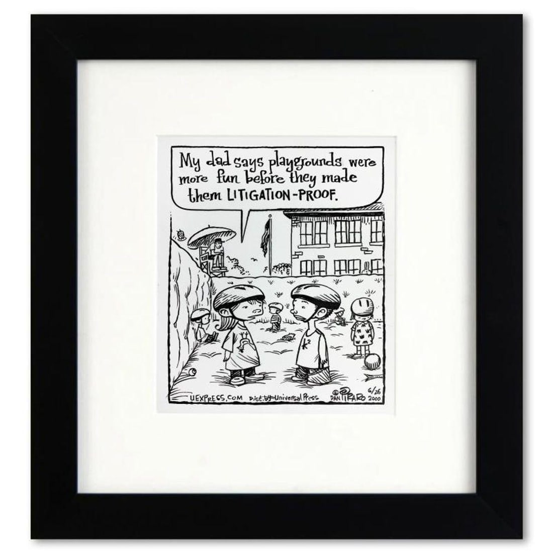 Bizarro, "Litigation-Proof Playground" is a Framed Original Pen & Ink Drawing by Dan Piraro, Hand: Enter a surreal and satirical world of twisted imagination and award winning creativity. "Litigation-Proof Playground" is an original pen & ink drawing on paper by Dan Piraro, creator of the criticall