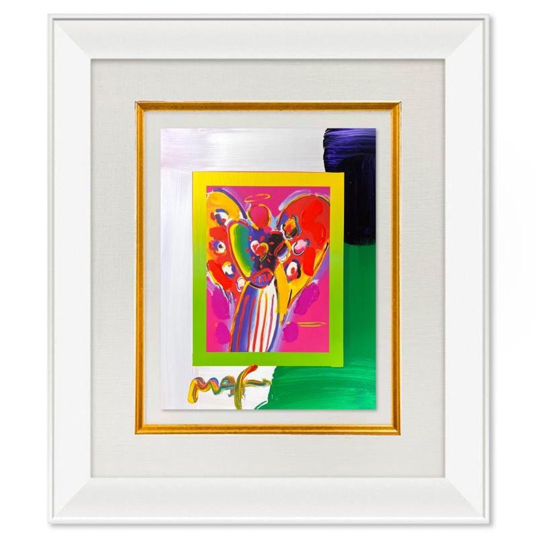 Peter Max, "Angel with Heart" Framed One-of-a-Kind Acrylic Mixed Media, Hand Signed with: Angel with Heart is a hand signed one-of-a-kind acrylic mixed media on paper by Peter Max. The piece comes custom framed with a backside cutout to display Peter Max Studio registration number 269160 c
