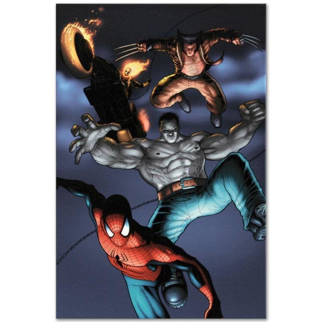 Marvel Comics "Fear Itself: Fearsome Four #2" Numbered Limited Edition Giclee on Canvas by Simon: A piece of comic book history, this limited edition, from original art by Simon Bisley, depicts the classic characters Spider-Man, The Hulk, Wolverine, and Ghost Rider. British comic book artist Simon