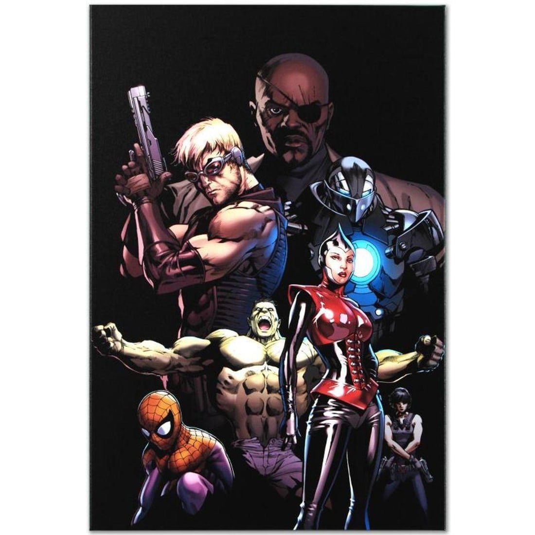 Marvel Comics "Ultimate Avengers #3" Numbered Limited Edition Giclee on Canvas by Carlos Pacheco: A piece of comic book history, this limited edition, from original art by Carlos Pacheco, depicts a compilation of characters, including: Red Wasp, Hulk, Spider-Man, Hawkeye, Nick Fury and War Machine