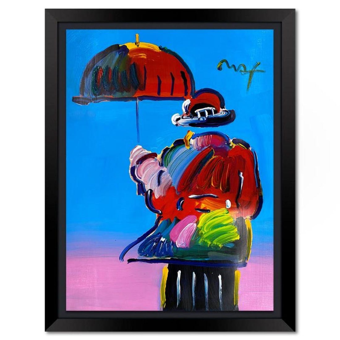 Peter Max, "Umbrella Man" Framed One-of-a-Kind Mixed Media, Hand Signed with Registration Number: Umbrella Man is a one-of-a-kind mixed media on paper, hand signed by Peter Max. The piece comes custom framed with a backside cutout to display Peter Max Studio registration number 264738 certifying a