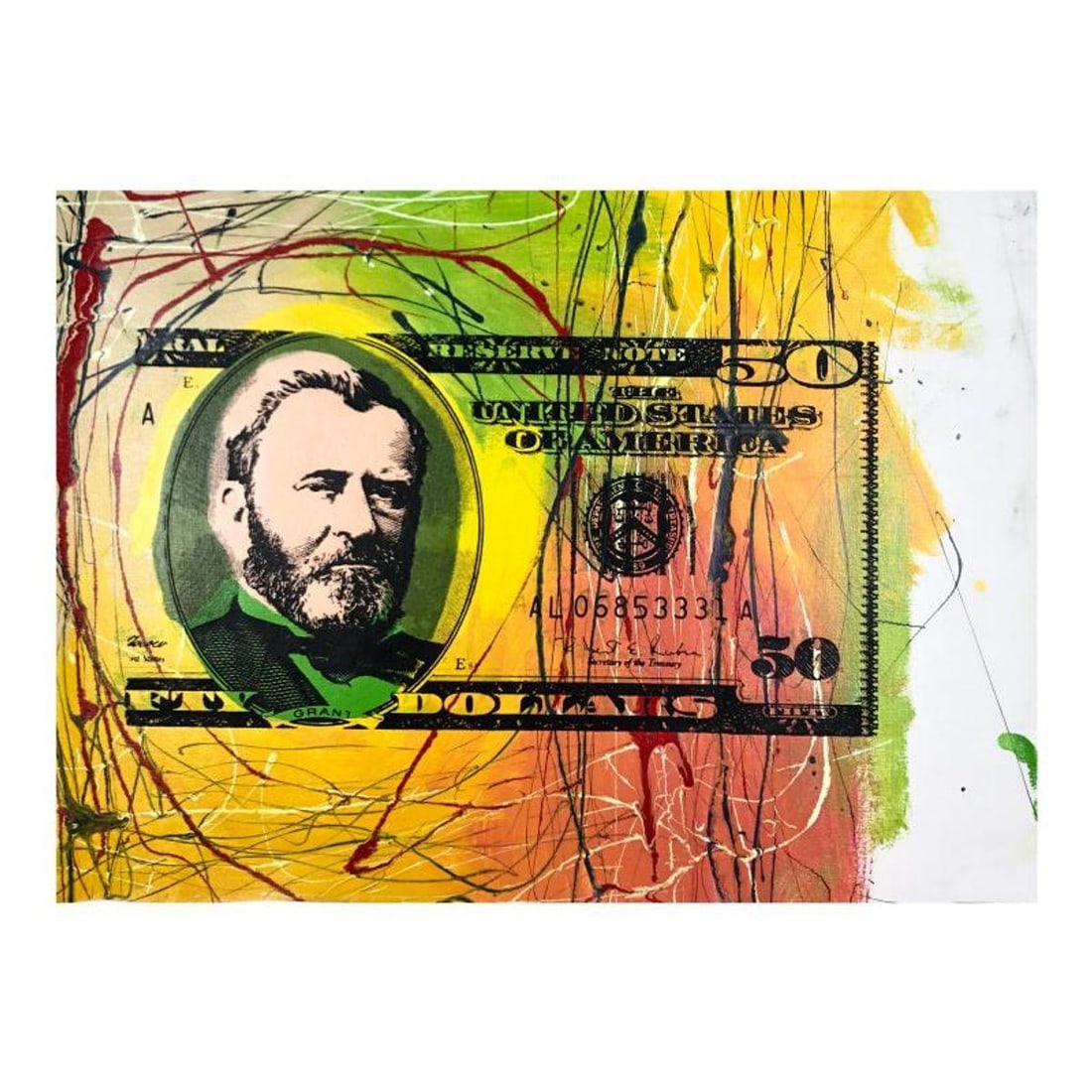Steve Kaufman (1960-2010) "50 Dollar Bill" Hand Signed and Numbered Limited Edition Hand Pulled: Half Grant is limited edition hand pulled silkscreen unique mixed media on canvas by Andy Warhol protege Steve Kaufman (1960-2010). This piece is numbered and hand signed inverso and includes a letter