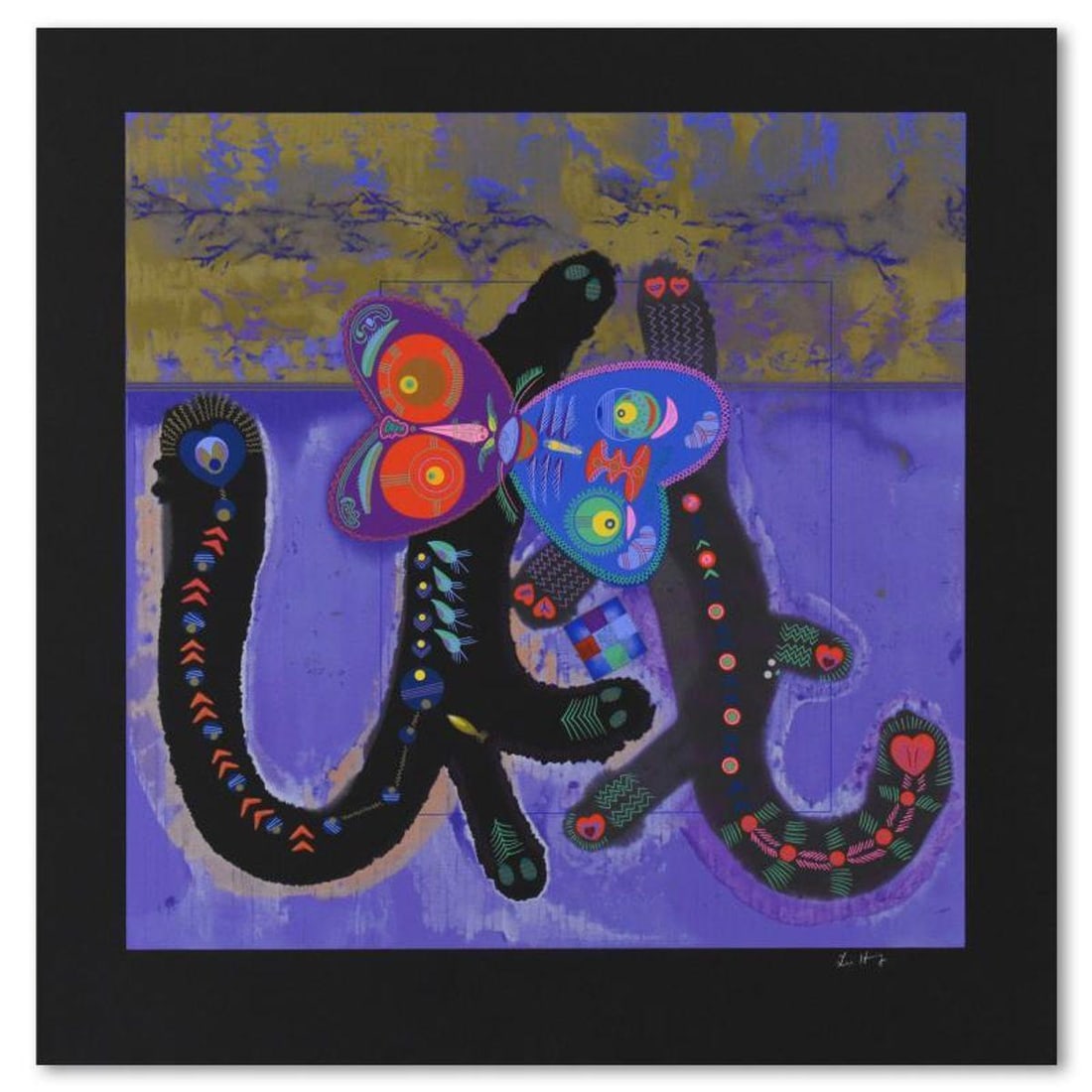 Lu Hong, "Kitty Camp Romance (Black)" Limited Edition Serigraph, Numbered and Hand Signed with: Kitty Camp Romance (Black) is a limited edition serigraph on paper by Lu Hong, numbered and hand signed by the artist. Includes Letter of Authenticity. Measures approx. 24" x 24.5" (with border), 20"
