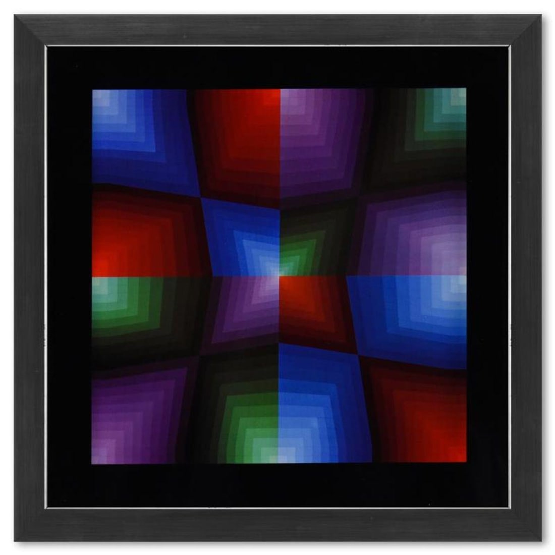 Victor Vasarely (1908-1997), "Pauk de la serie Vonal" Framed 1971 Heliogravure Print with Letter of: Pauk de la serie Vonal is a heliogravure print on paper, published in 1971, by Victor Vasarely (1908-1997). This piece comes custom framed, with a letter of authenticity and with a 1976 Vasarely paper