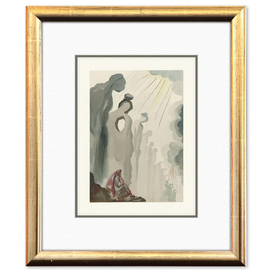 Salvador Dali- Original Color Woodcut on B.F.K. Rives Paper "Purgatory 13": Artist: Salvador Dali. Medium: Original Color Woodcut on B.F.K. Rives Paper. Title: Purgatory 13. Size: 13" x 10". Measures approx. 21" x 18" (framed). Certificate of Authenticity: Is included. Additi