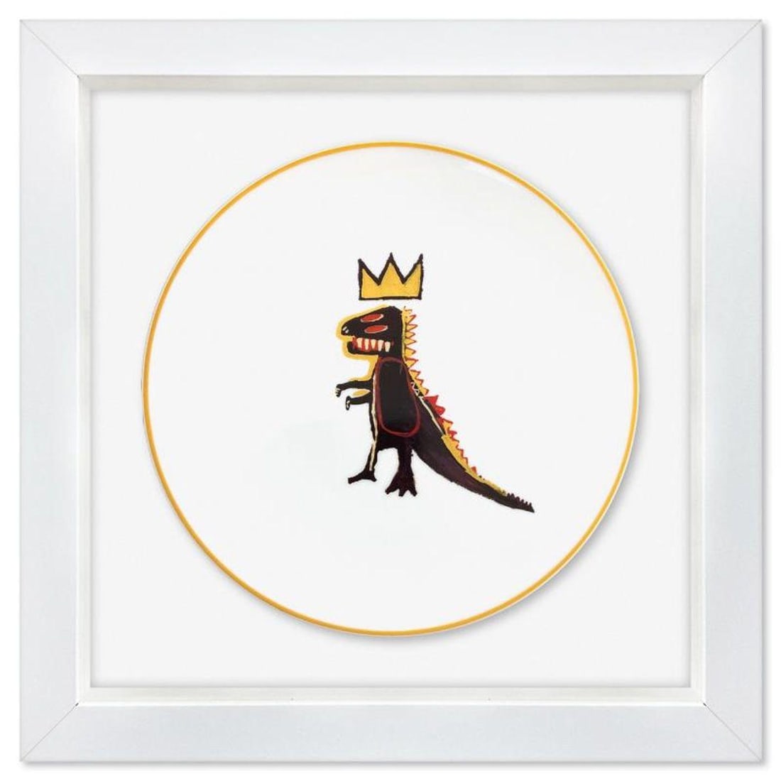 Jean-Michel Basquiat (1960-1988), "Pez Dispenser 1984" Framed Limoges Porcelain Plate.: Pez Dispenser 1984 is a Limoges porcelain plate bearing the plate signature inverso of Jean-Michel Basquiat (1960-1988). This plate is custom framed and floated on linen. Measures approx. 16" x 16" (f
