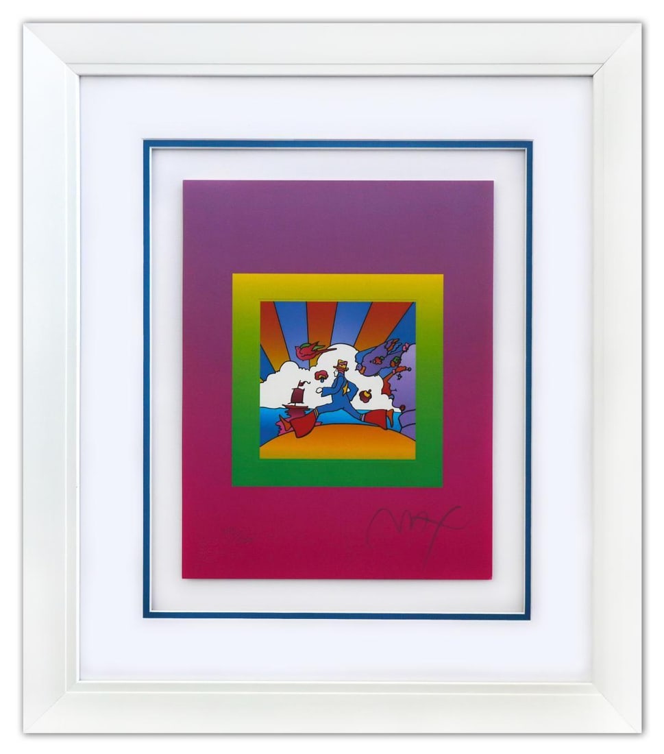 Peter Max- Original Lithograph "Cosmic Runner on Blends": Artist: Peter Max. Medium: Original Lithograph. Title: Cosmic Runner on Blends. Size: 13" x 10". Measures approx. 23" x 20" (framed). Signature: Hand Signed and Numbered by the artist. Certificate of
