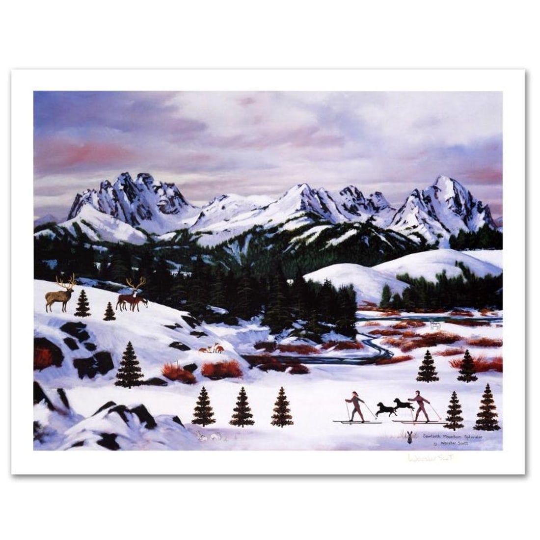 Jane Wooster Scott, "Sawtooth Mountain Splendor" Hand Signed Limited Edition Lithograph with Letter: Sawtooth Mountain Splendor is a limited edition lithograph on paper by Jane Wooster Scott. The piece is hand signed and numbered and comes with a letter of authenticity. Measures approx. 27" x 21" (wi
