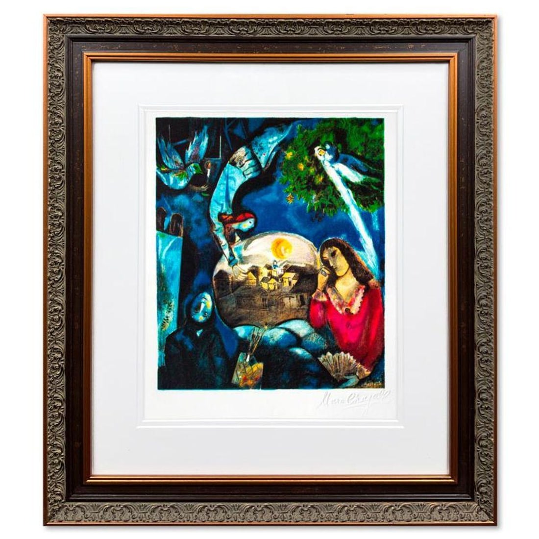 Marc Chagall (1887-1985), "Autour D'elle" Framed Limited Edition Lithograph with Letter of: Autour D'elle is a framed limited edition lithograph on paper by Marc Chagall (1887-1985). Printed by Atelier Mourlot in Paris and authorized by the Chagall Estate and ADAGP Paris , the piece is plate