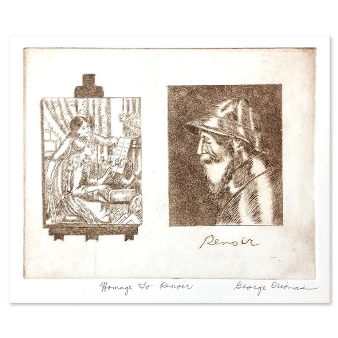 George Crionas (1925-2004), "Homage to Renoir" Limited Edition Etching, Numbered and Hand Signed and: Homage to Renoir is a limited edition etching on paper by George Crionas (1925-2004), numbered and hand signed by the artist. Includes Letter of Authenticity. Measures approx. 14" x 12" (border); 10"