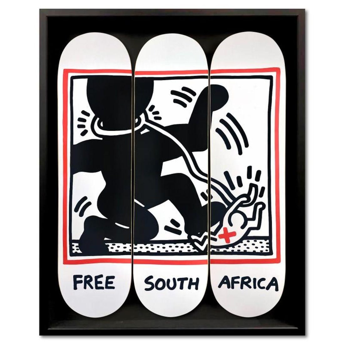 Keith Haring (1958-1990), "Free South Africa" Framed Skateboard Triptych, Plate Signed with Letter: Free South Africa is a skateboard triptych by Keith Haring (1958-1990), bearing the plate signature of the artist inverso. This triptych comes custom framed. Includes Letter of Authenticity. Measures